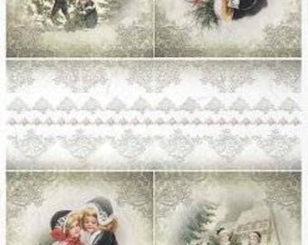 May include: Vintage Christmas paper with a white background and a repeating pattern of silver lace. The paper features four images: two of children in winter clothing, one of a snowy scene with a house, and one of a snowy scene with a tree.