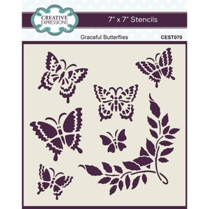 May include: A 7" x 7" stencil featuring a design of graceful butterflies and leafy branches. The stencil is made of durable plastic and is perfect for creating beautiful designs on a variety of surfaces. The stencil is labelled "CEST070" and "Graceful Butterflies".