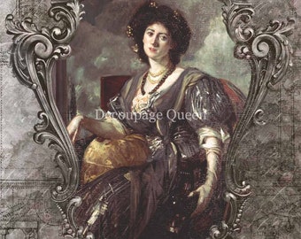 May include: A woman in a dark dress and a red head scarf sits in a chair holding a globe. The image is framed in a silver ornate frame and set against a gray background with a blueprint pattern.