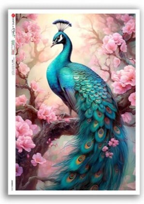 Rice Paper For Decoupage, Single A5 Sheet, Peacock In Cherry Blossom Flowers, Decoupage, Crafts, Journaling, Collage, Scrapbooking, #PD0235