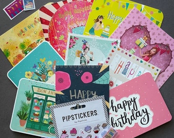 Happy Birthday Postal Pack - Mix of Premium Birthday Postcards, Stickers, and Washi Tape