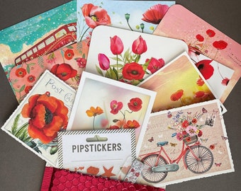 Red Poppy Postcard Pack - Mix of Premium Poppy Postcards, Poppy Washi Tape and Red Stickers - Poppies, Poppy Flowers