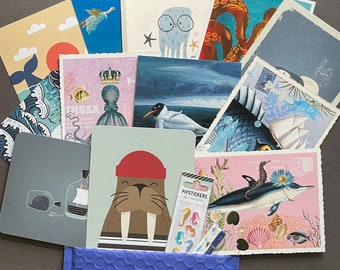 Ocean Odyssey Postal Pack with Postcards, Stickers and Washi Tape - Walrus, Whale, Gull, Octopus Postcards