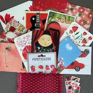Red-Themed Postcard Pack - Mix of Premium Red Postcards, Red Stickers and Red Washi Tape - Red Love