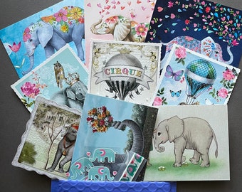 Elephant Postcard Pack - Mix of Premium Illustrated Elephant Postcards, Elephant Stickers and Washi Tape - Elephant Gift, Elephant Lover