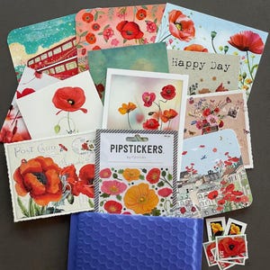 Poppy Love Postcard Pack - Mix of Poppy Postcards, Poppy Washi Tape and Poppy Stickers - Poppies, Poppy Flowers