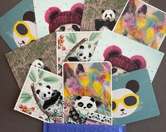 Panda Pals Postal Pack - Contains Illustrated Panda Postcards, stickers and washi tape - Panda lover, Panda Bear