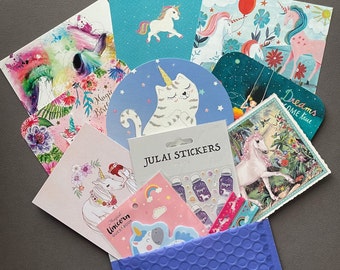 Magic Across the Miles - Unicorns & Rainbows Postal Pack containing Postcards, Stickers, Washi Tape and more - Unicorn Lover