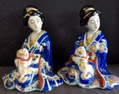 c.1880 Meiji Period Japanese Kutani Geisha with dog Figures As Is