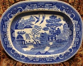 Antique Blue Willow Platter Staffordshire Transferware 20 quot x 15.75 quot Marked Early to mid 19th century