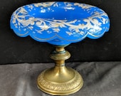 c1870 Blue Opaline Glass Compote with brass base