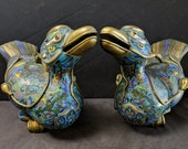 c1890 Antique Chinese Cloisonne Duck Form Censers incense Burners 12 quot long x 7.5 quot tall Matched Pair