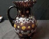 Antique Amethyst Enameled Water Pitcher Art Glass c.1900 Fenton or Northwood
