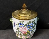 Antique Bronze Mounted French Faience Inkwell Hand Painted Flowers 19th Century tin glazed earthenware