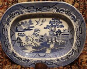 Colossal Antique Blue Willow Platter Early to mid 19th century 20 quot x 16 quot Marked Staffordshire Blue Transferware