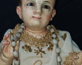 Antique Santos Doll Carved Wood Polychrome Baby Jesus Glass Eyes 18th-19 th century