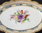 Antique KPM Hand Painted Oval Bowl Heavy Gold Orb Mark Dresden Flowers