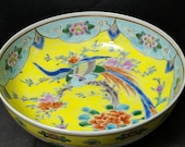 c1900 Japanese Kutani Bowl Bird of Paradise on yellow ground 7 3 8 quot x 2.75 quot