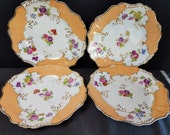 c.1840 British Porcelain plates Hand Painted Peach Border with Gilding 9.25 quot (4)