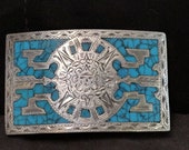 Mexican Sterling Turquoise Chip inlay Belt Buckle for 2 quot belt