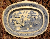 Extremely Rare and Unusual Circa 1836-1849 Marked Pountney Goldney Bristol Scalloped Antique Blue Willow Platter 17.75 quot x 14.75 quot