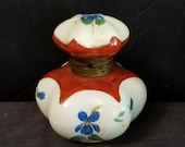 Antique Porcelain Inkwell Hand Painted Blue Flowers 19th Century