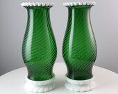 1950-1954 Fenton Emerald Snowcrest Hurricane Lamps Pair Green Snow Crest