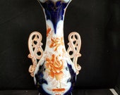 Old Paris Porcelain Imari Style Scroll Handled Vase Hand enameled Burnt Orange Cobalt Gold 19th century