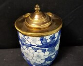 Choisy Le Roi Chinoiserie Gilt Metal Mounted French Faience Inkwell Hand Painted Flowers late 19th Century tin glazed earthenware