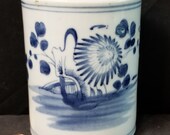 Antique Chinese Brush Pot Blue and White Hand Decorated 19th century Qing