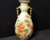 Art Nouveau Royal Rudolstadt embossed Porcelain Hand Painted Floral Vase Gold Handles and Trim 8 quot c.1900
