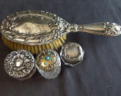 C.1890 Sterling Silver Vanity Items Lot Jeweled Perfume Brush Jars