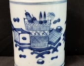 Antique Chinese Brush Pot Blue and White Hand Decorated 19th century Qing