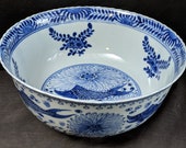 Antique Chinese Bowl Blue Underglaze Fish Decoration 19th century 9 1 8 quot wide x 4.25 quot tall