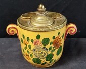 Antique Bronze Mounted French Faience Inkwell Hand Painted Flowers 19th Century tin glazed earthenware