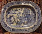 Antique Blue Willow Staffordshire Platter 15 7 8 quot x 12 5 8 quot Marked Circa Early to mid 19th Century