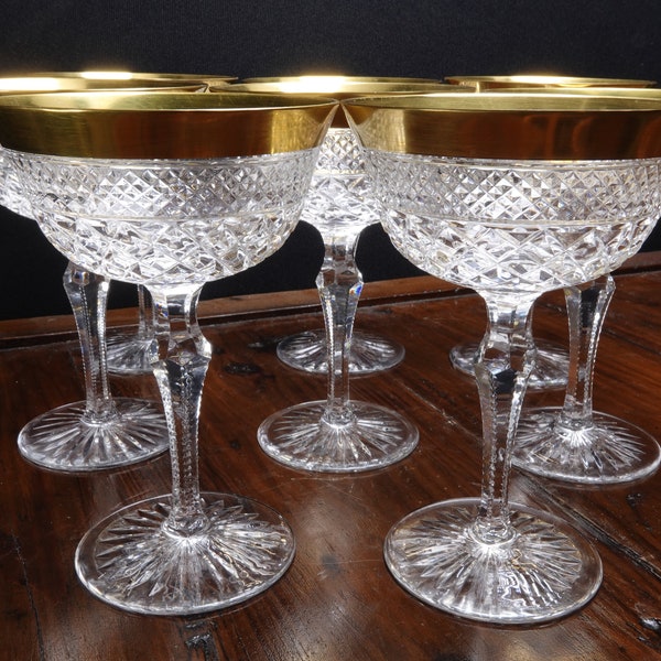 Josephinehutte Josair Ernestine Champagne/Tall Sherbert Stem Glasses with Heavy gold band Hollywood Regency (8)