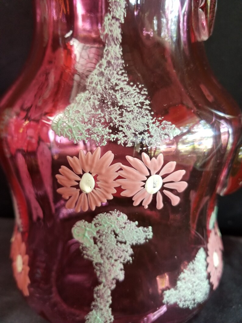 Antique Cranberry Enameled Water Pitcher 9.75 tall Etsy