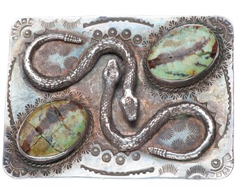 Vintage Navajo sterling silver snakes with turquoise buckle for 1.75" belt