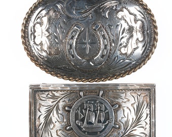 2 Vintage Hand Engraved Sterling Mexican belt buckles