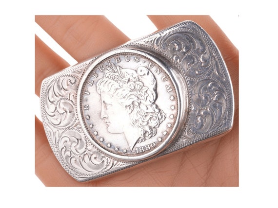c1950 Hand engraved sterling buckle with 1880s Si… - image 1