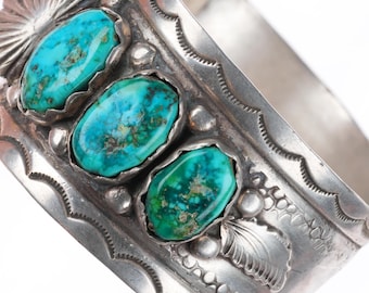 Pulsera tipo brazalete de reloj vintage Zuni de plata esterlina de 6,9" con turquesa de alta calidad.