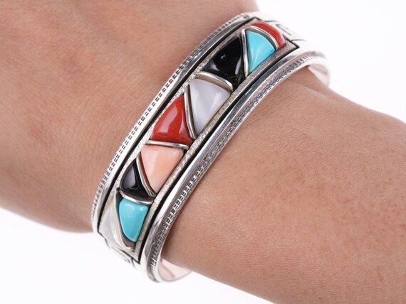 Native American Important Vintage Len Adakai Turquoise Inlay Sterling Silver Bracelet Native American Important Vintage Len Adakai Turquoise Inlay Sterling Silver Bracelet