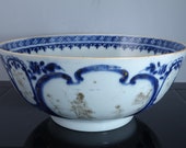 18th Century Antique Chinese Gold decorated blue underglaze punch bowl