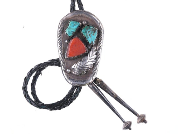1950's Navajo silver, turquoise and coral bolo tie - image 1