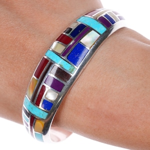 6.7&quot; AA Southwestern sterling silver multi-stone/shell inlay cuff bracelet