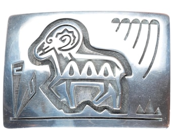 Marcus Coochwykvia hopi overlay bighorn sheep sterling silver buckle for 2" belt