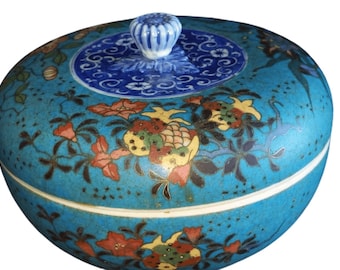 c1870 Japanese Cloisonne Over Blue/White Porcelain Covered Box 6.25" wide x 4.5"