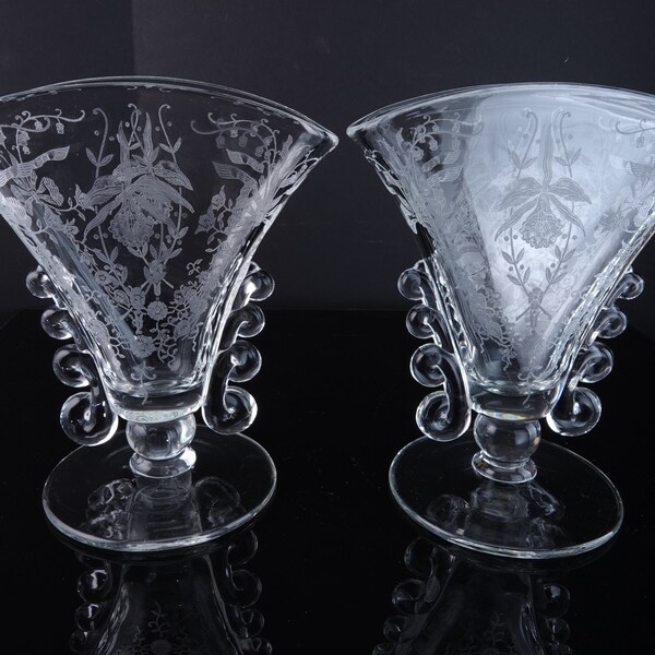 1940's Heisey Orchid Etching on Lariat blank Fan vases pair