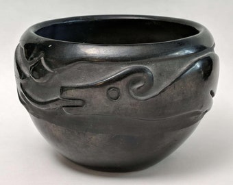 Rose Gonzales (1900-1989), San Ildefonso Pueblo Wide Bowl with Carved Avanyu